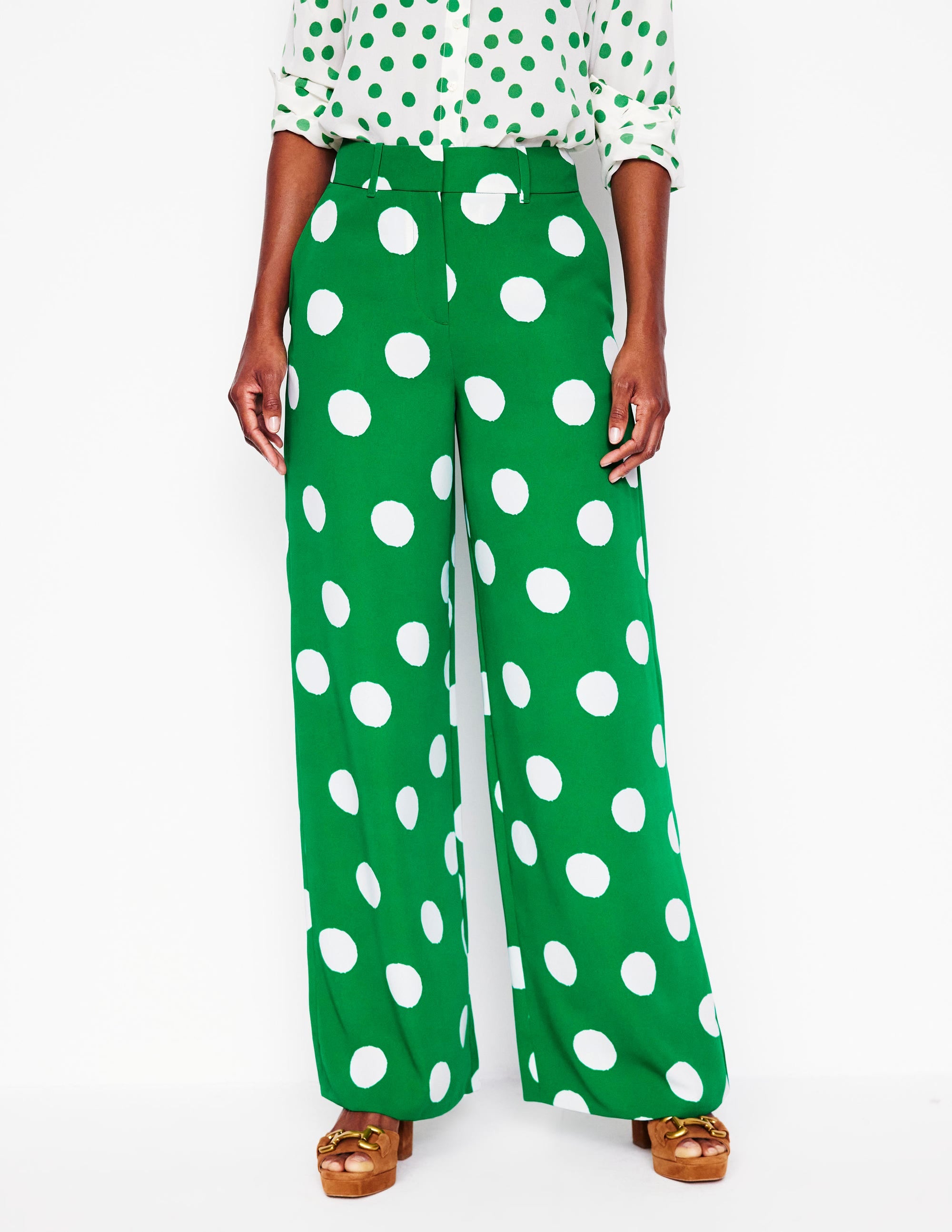 Pantalon large-Émeraude profond, pois abstraits - Image 5