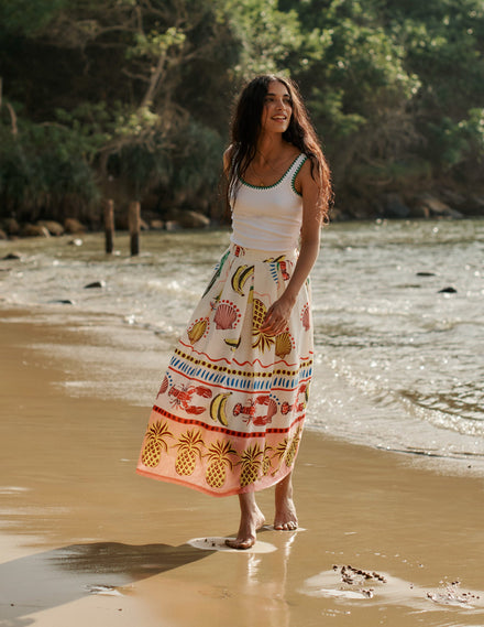 Verity Leinen-Midirock-Bunt, Tropical Bonanza-Motiv