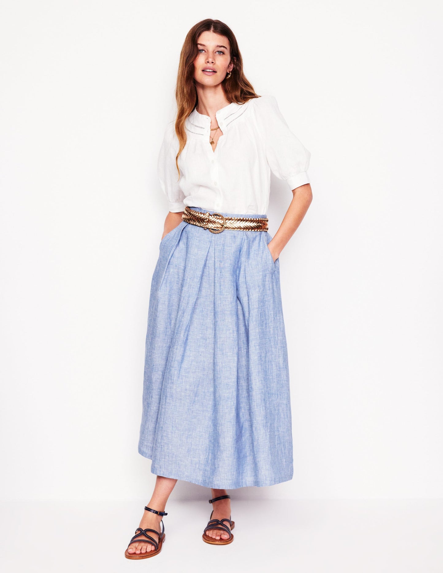 Verity Leinen-Midirock-Graublau Chambray