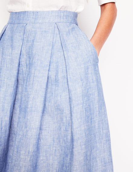 Jupe midi Verity en lin-Chambray bleu gris