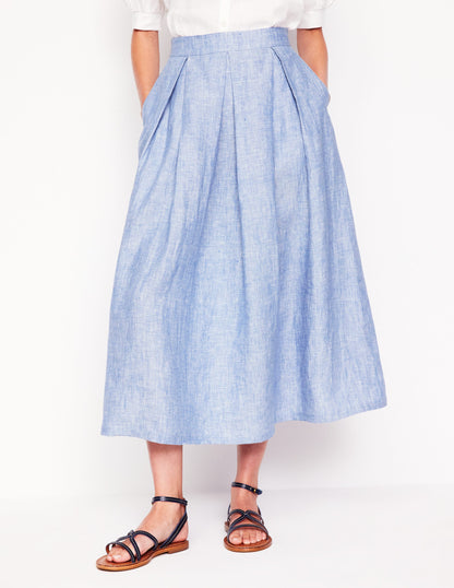 Verity Linen Midi Skirt-Grey Blue Chambray