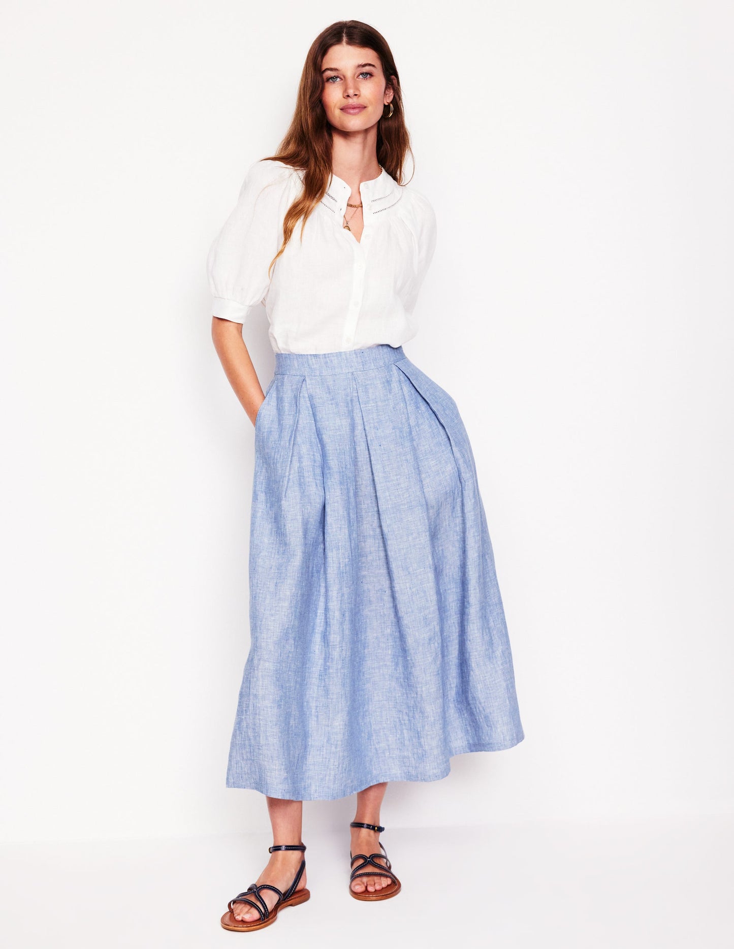 Verity Linen Midi Skirt-Grey Blue Chambray