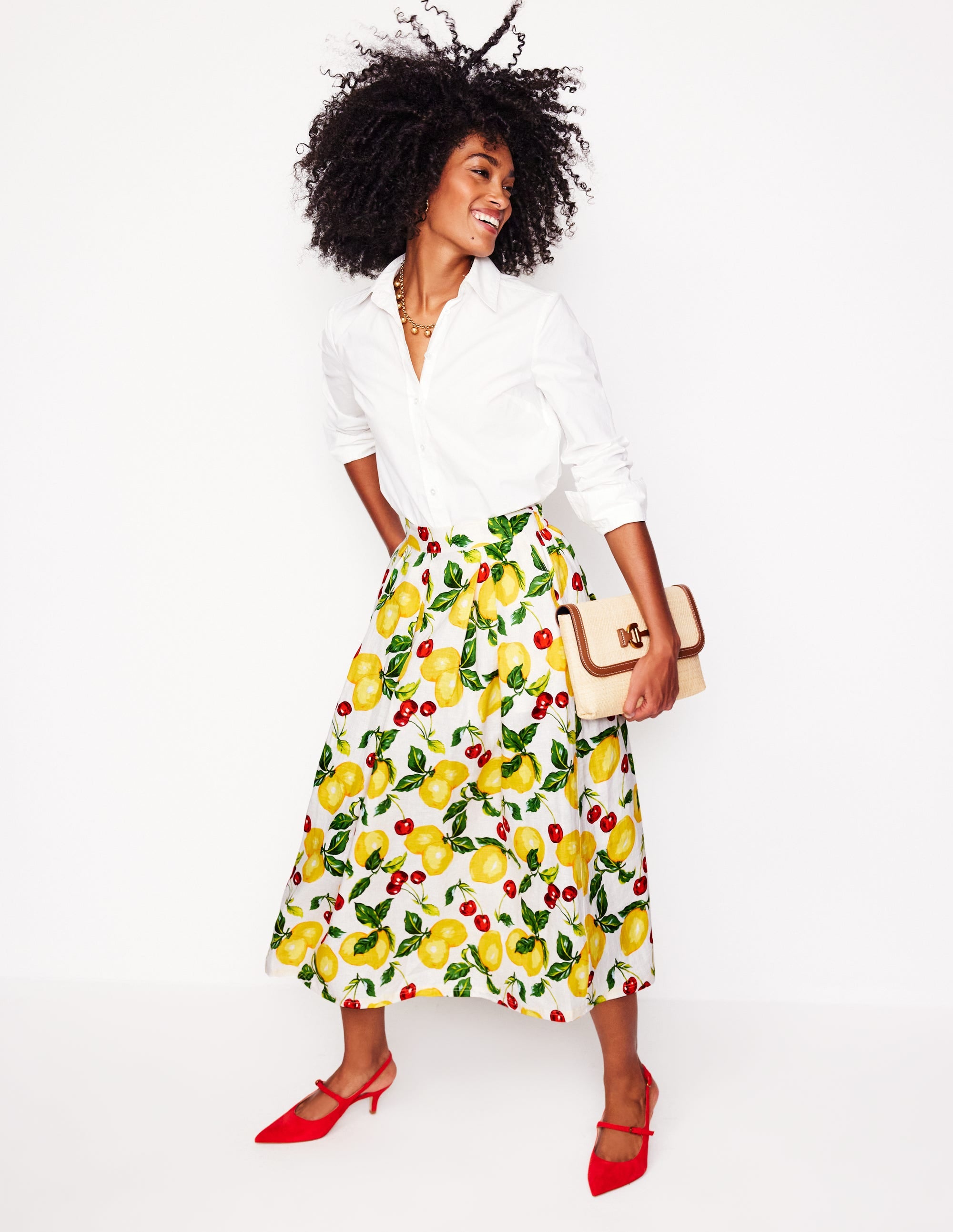 Jupe midi Verity en lin-Ivoire, cerises et citrons - Image 1