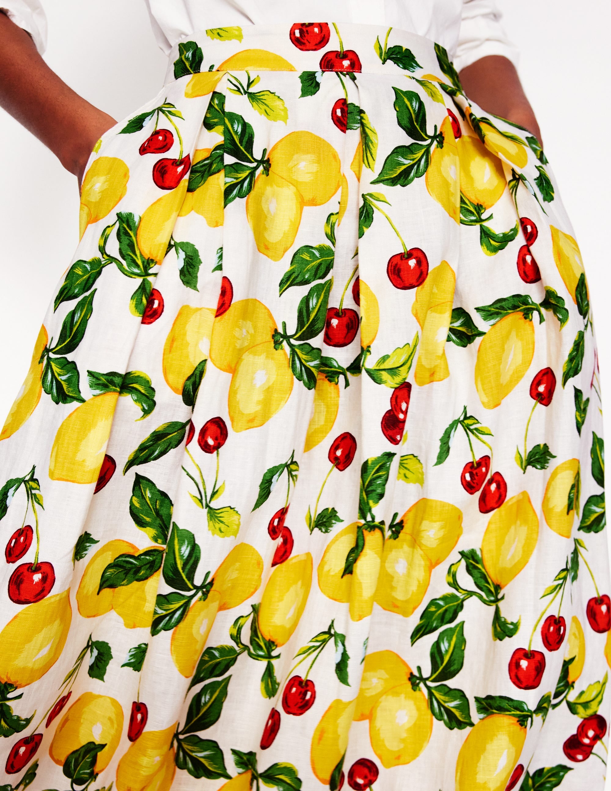 Jupe midi Verity en lin-Ivoire, cerises et citrons - Image 2
