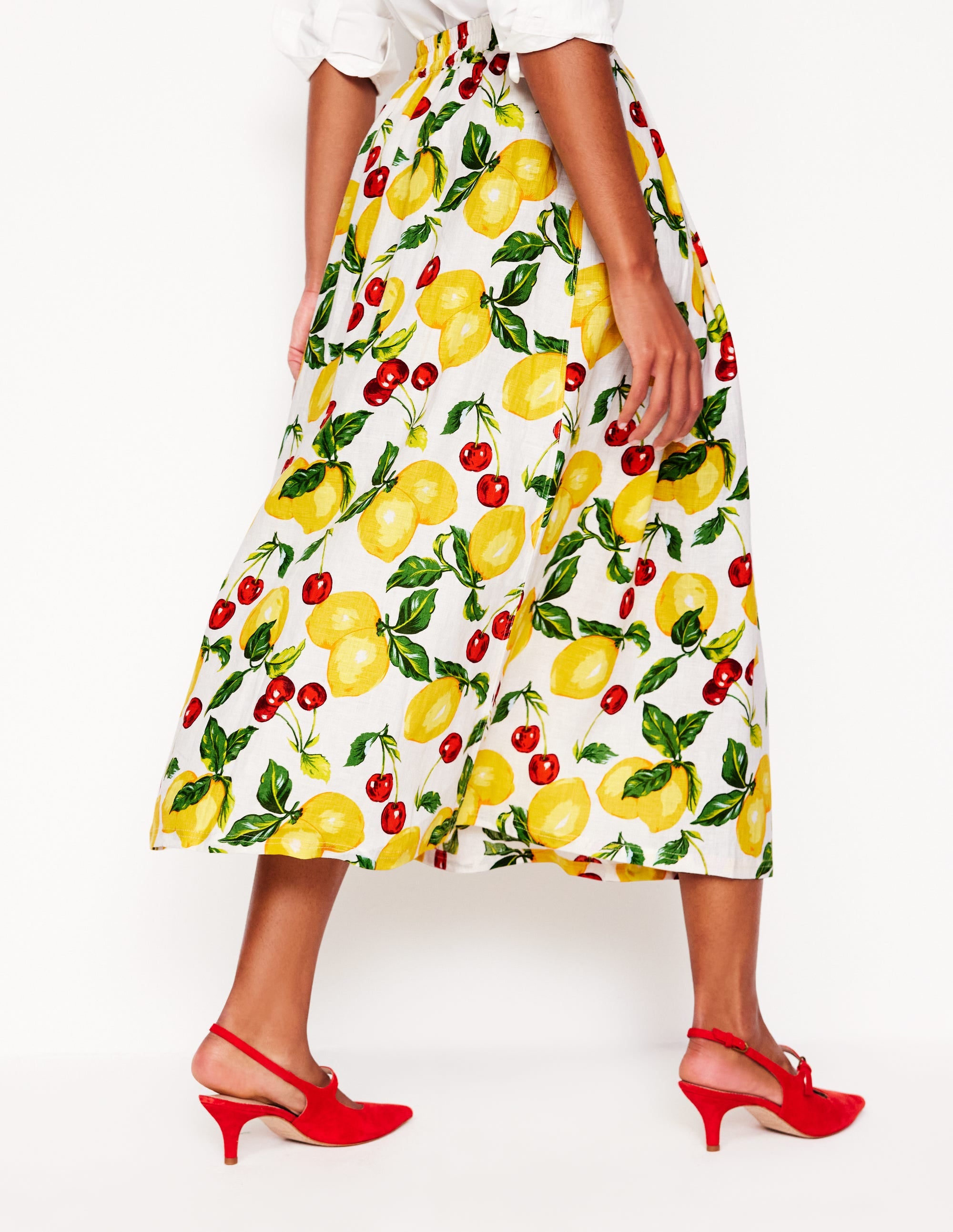 Jupe midi Verity en lin-Ivoire, cerises et citrons - Image 3