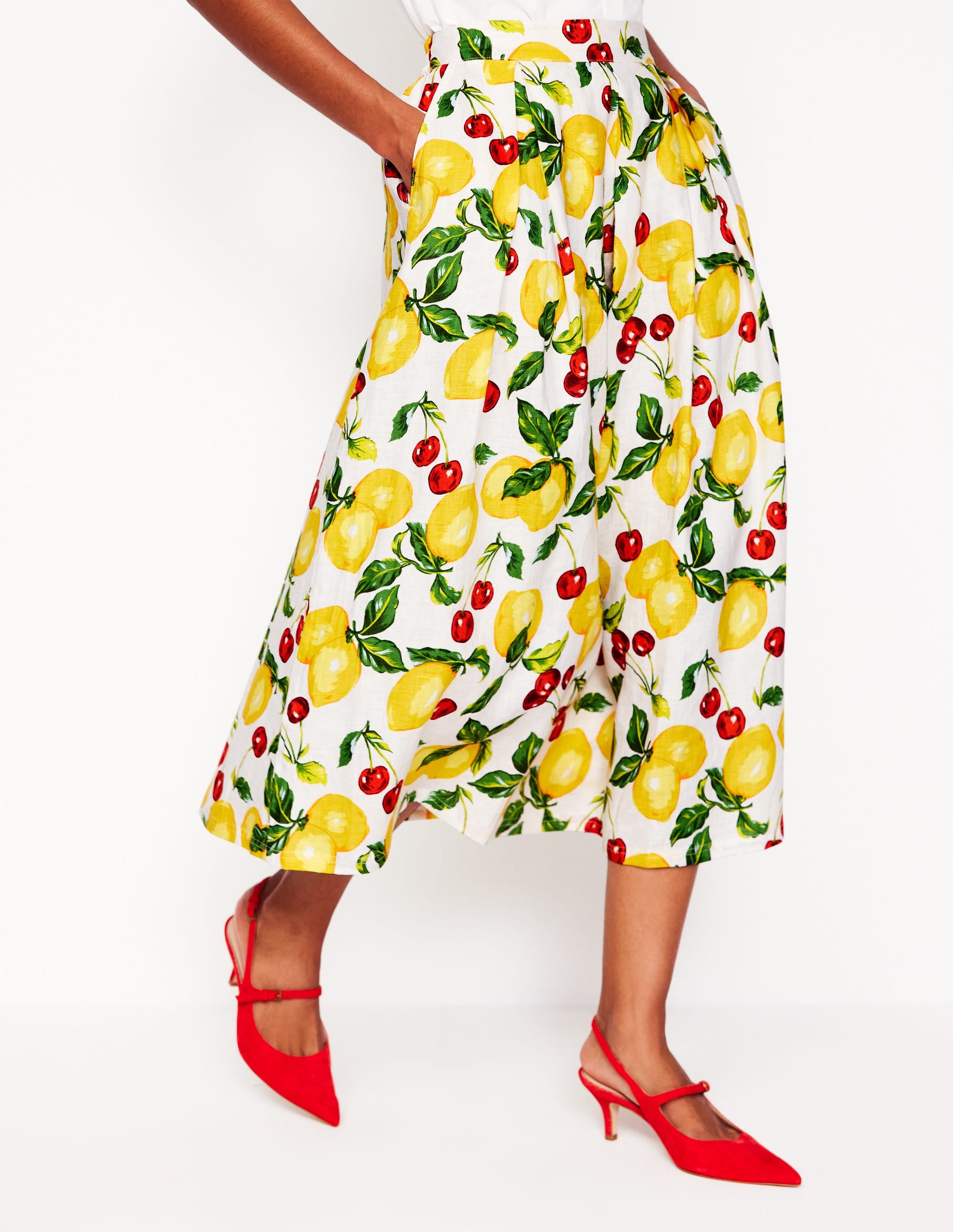 Jupe midi Verity en lin-Ivoire, cerises et citrons - Image 4