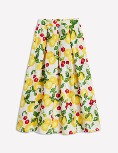 Jupe midi Verity en lin-Ivoire, cerises et citrons