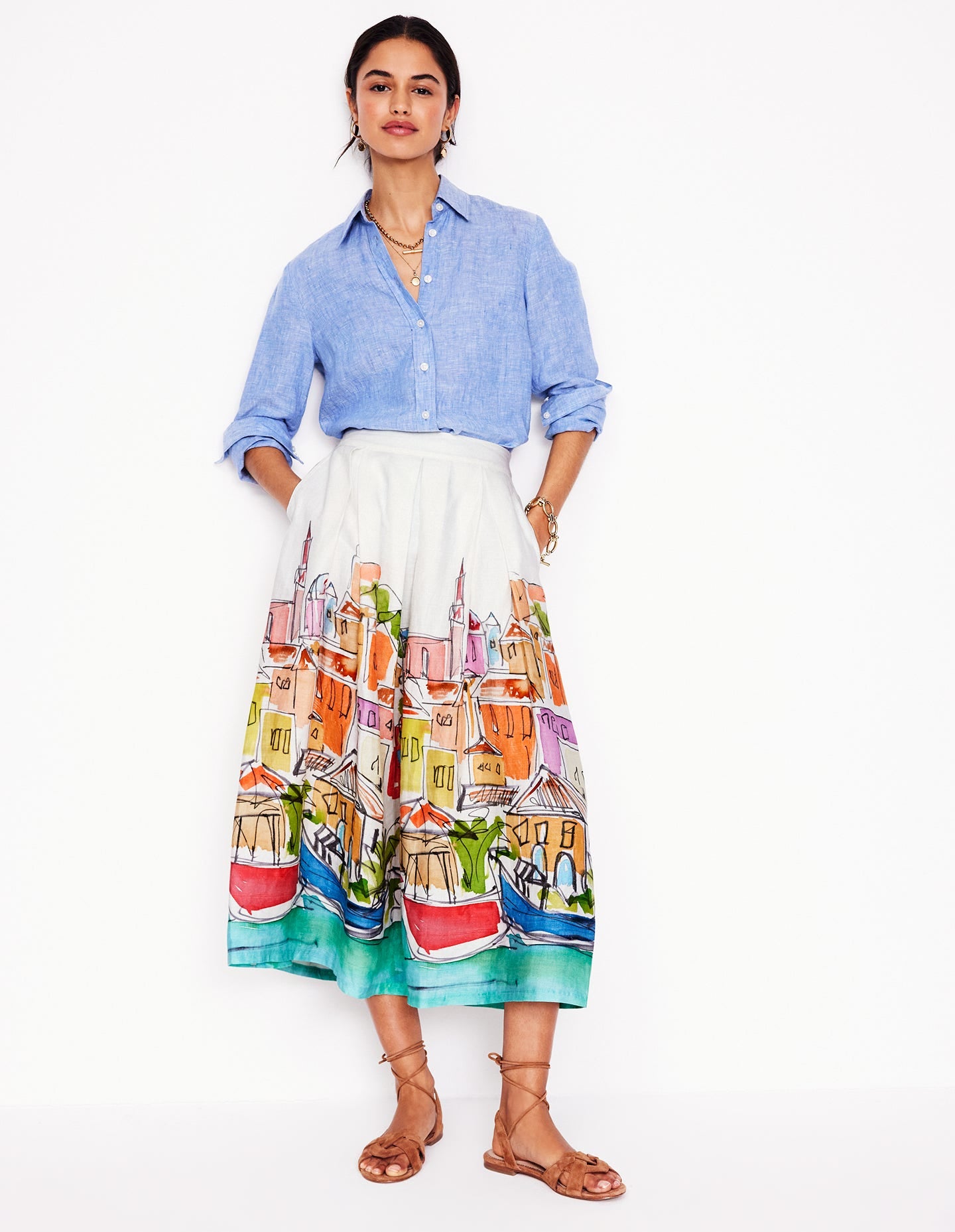 Jupe midi Verity en lin-Multi, village arc-en-ciel - Image 1
