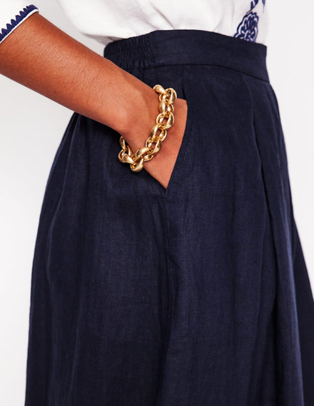 Jupe midi Verity en lin-Bleu Marine, Petits Pois