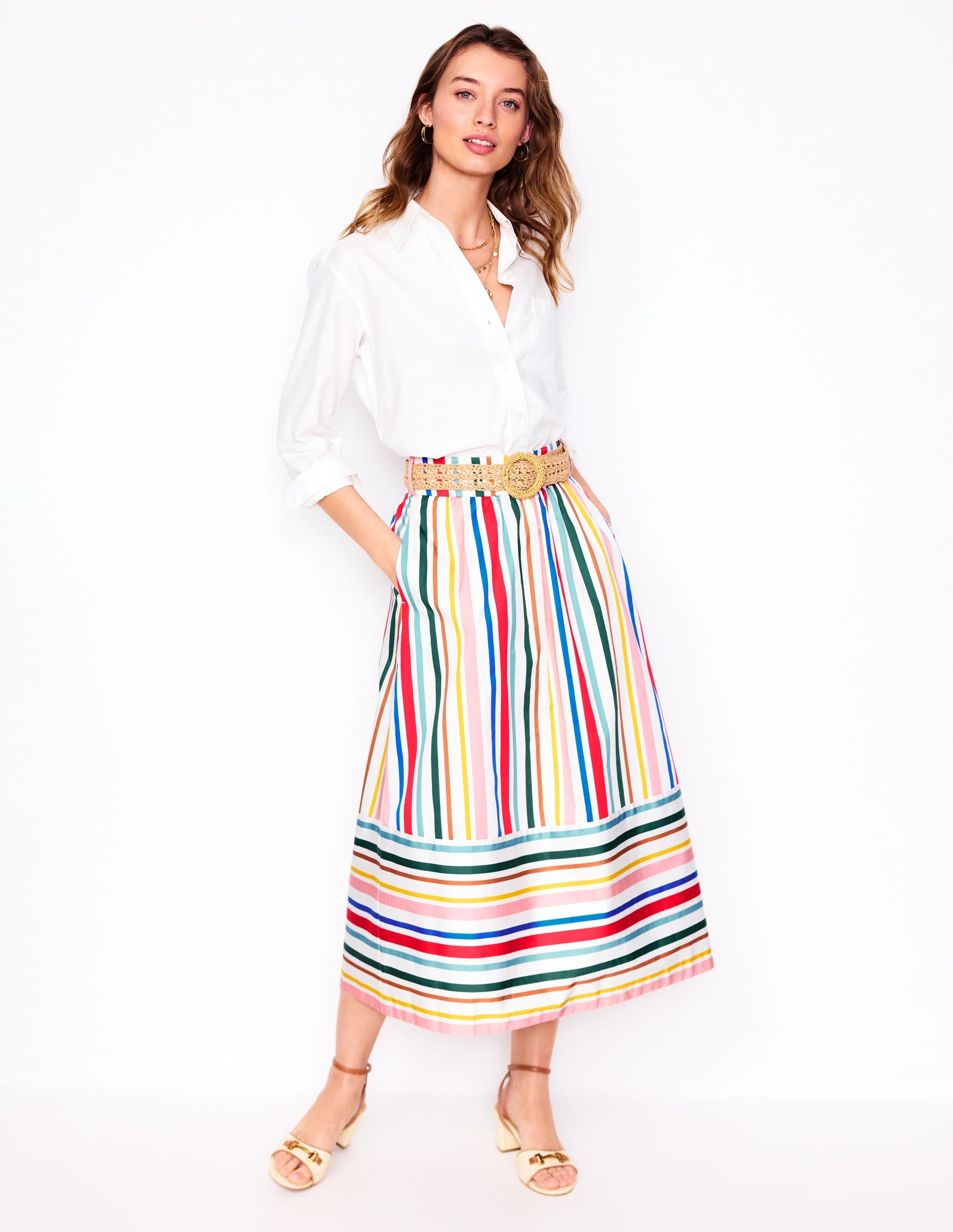 Jupe midi en satin avec ceinture à nouer-Rayé arc-en-ciel ivoire varié - Image 1