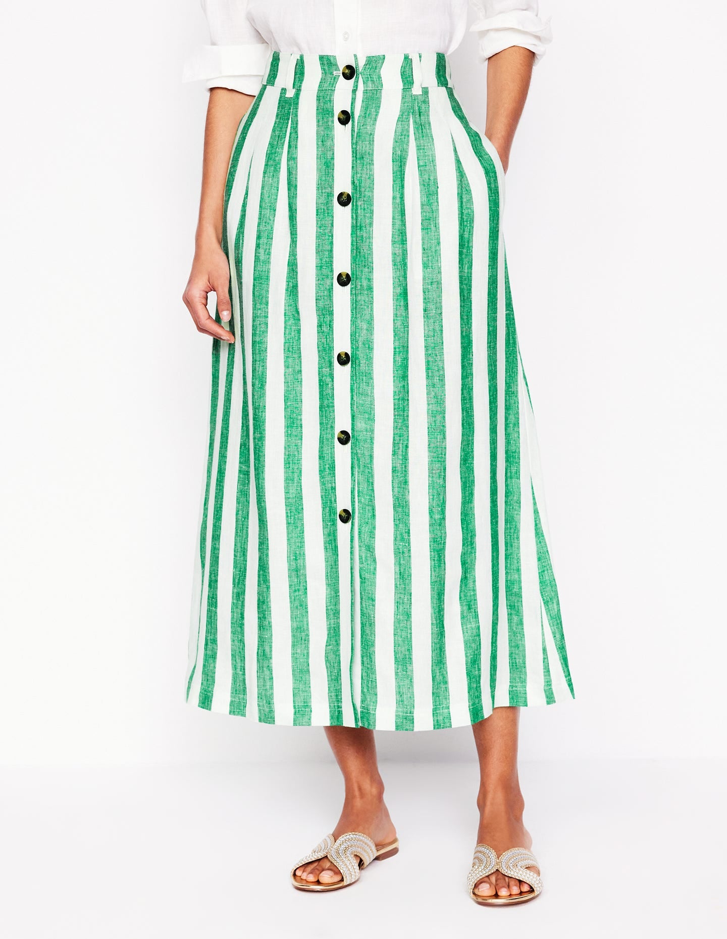 Thomasina Linen Midi Skirt-Rich Emerald Stripe