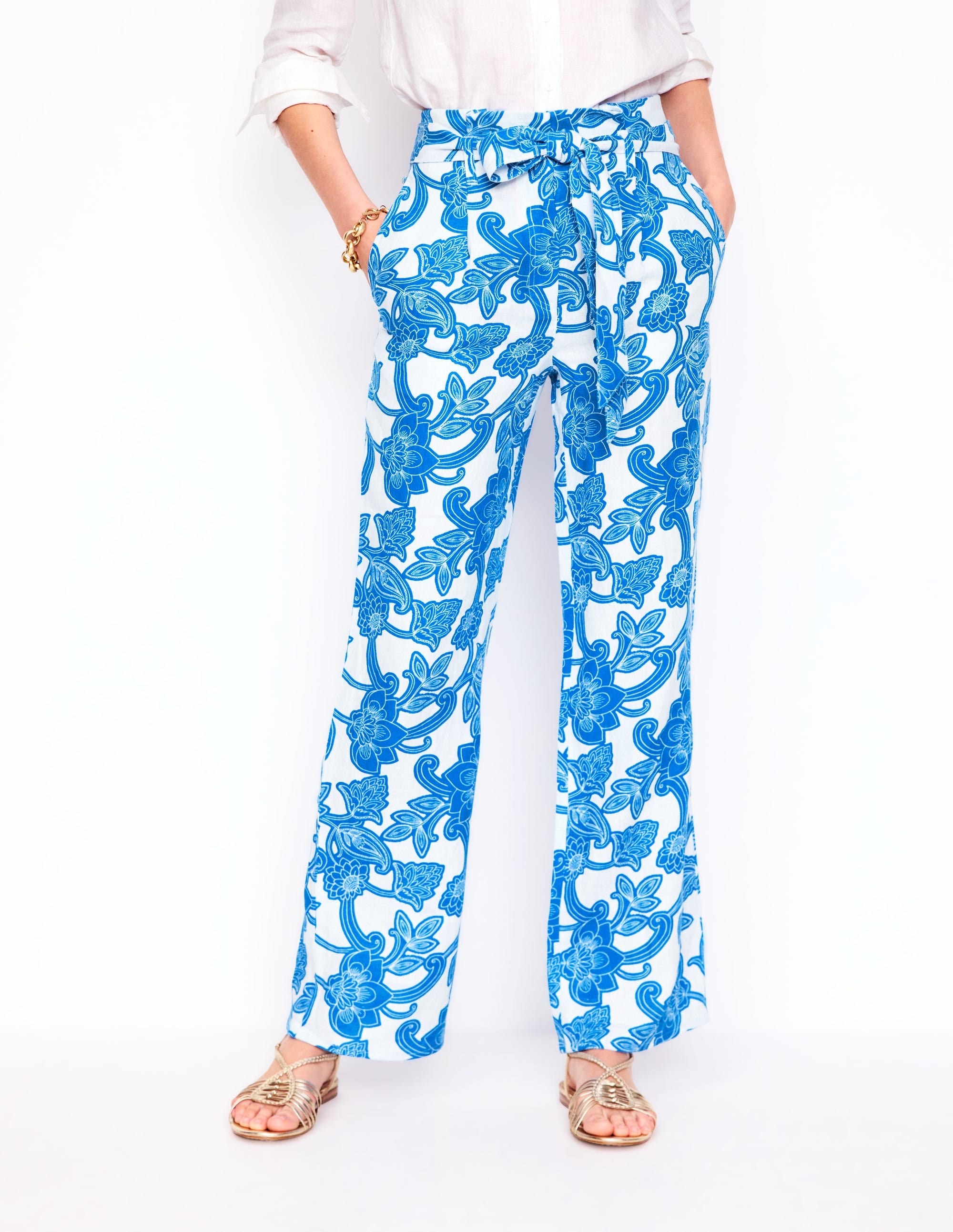 Pantalon en lin avec ceinture-Bleu céruléen, motif Paisley Whirl - Image 5