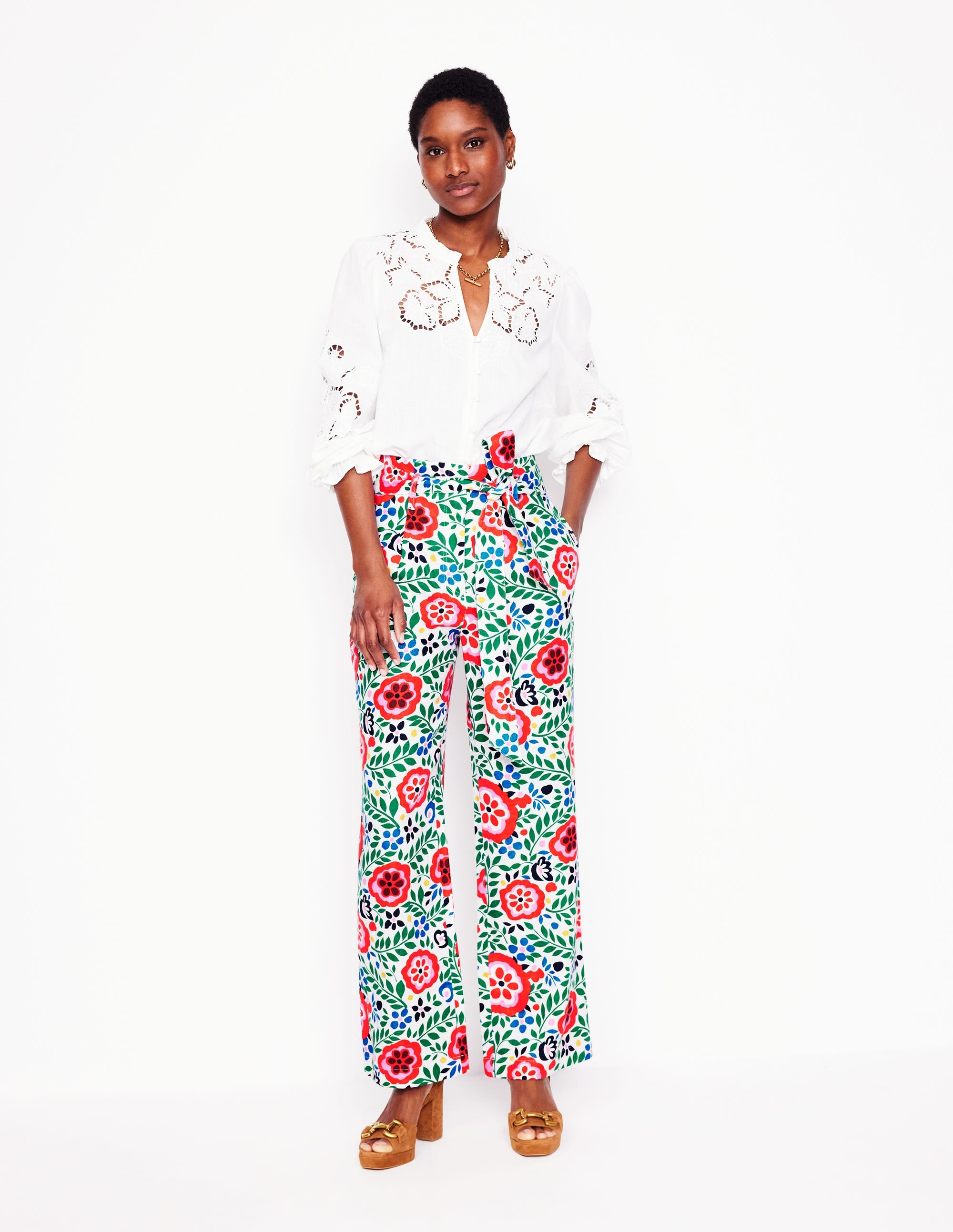 Pantalon en lin avec ceinture-Multi, motif Foliage Scatter - Image 1