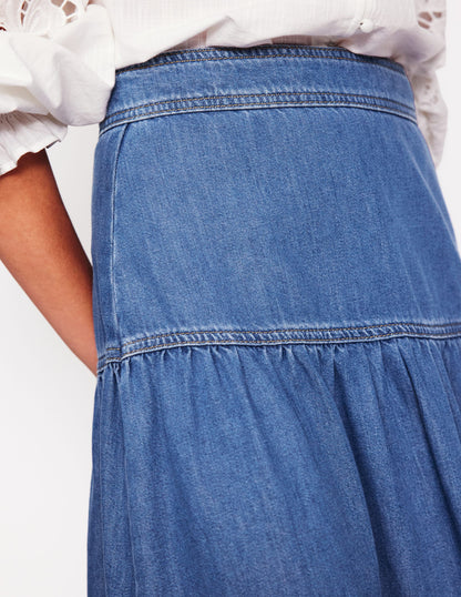 Yoke Detail Denim Midi Skirt-Mid Vintage