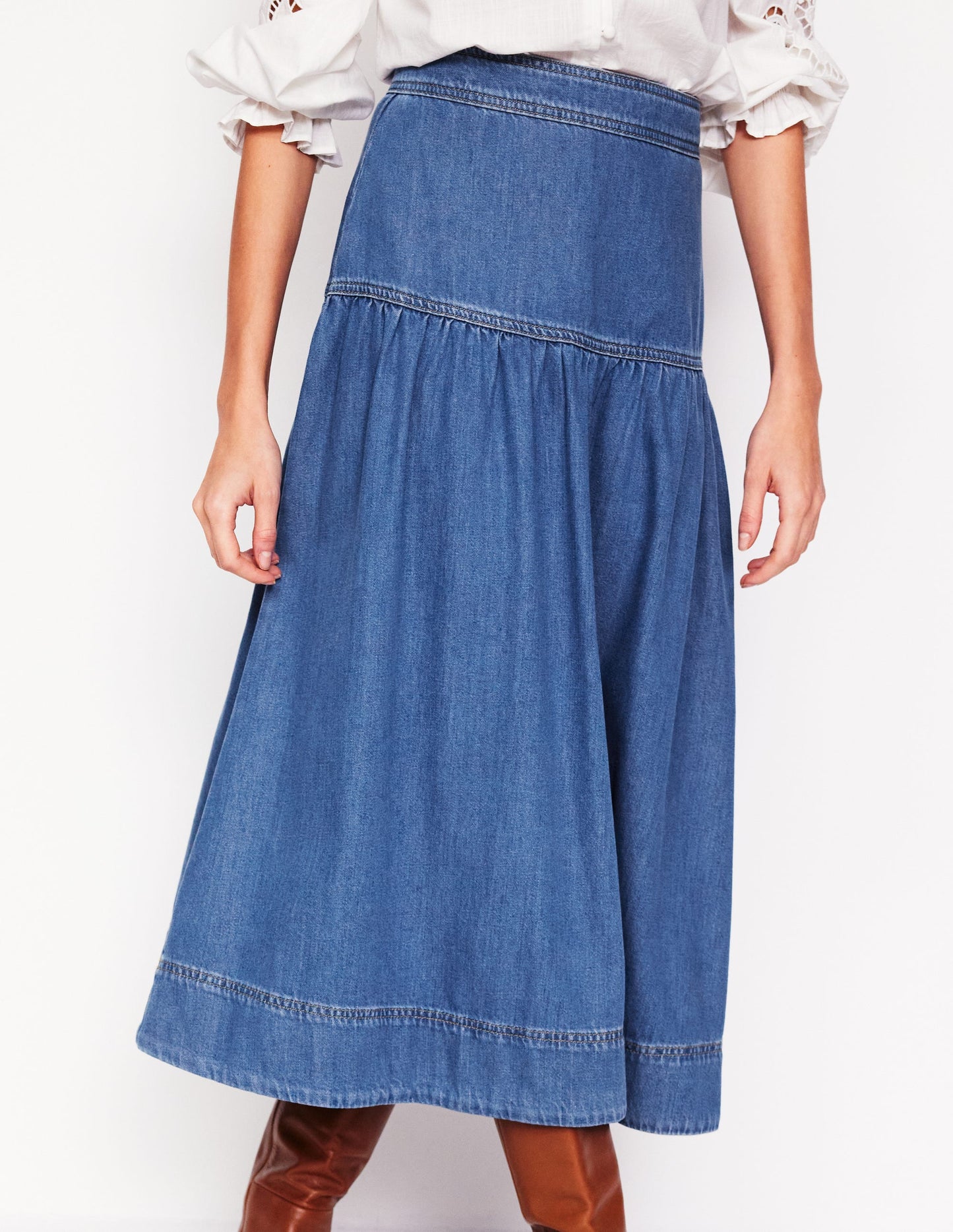 Yoke Detail Denim Midi Skirt-Mid Vintage