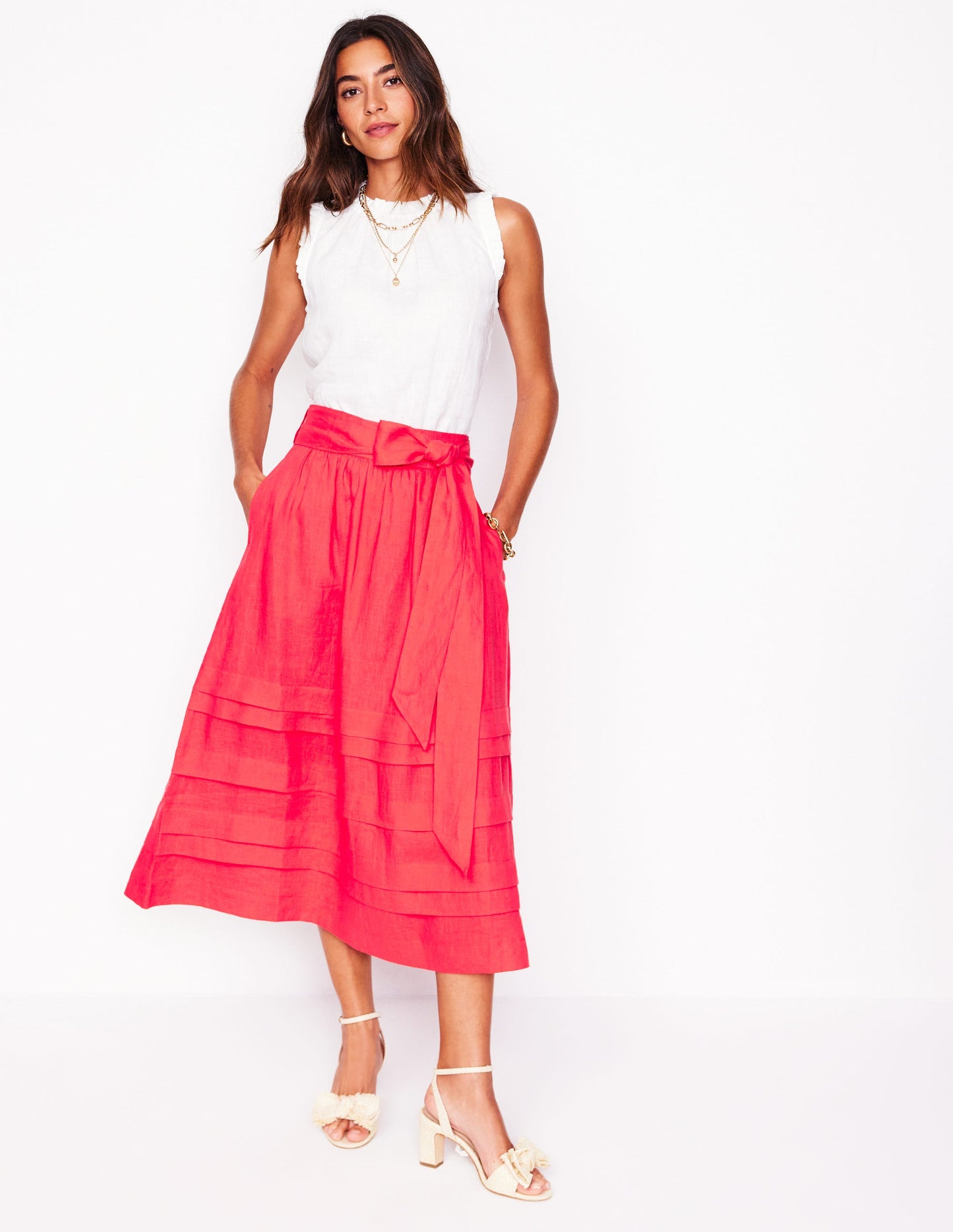 Pintuck Linen Midi Skirt-Strawberry Tart Red