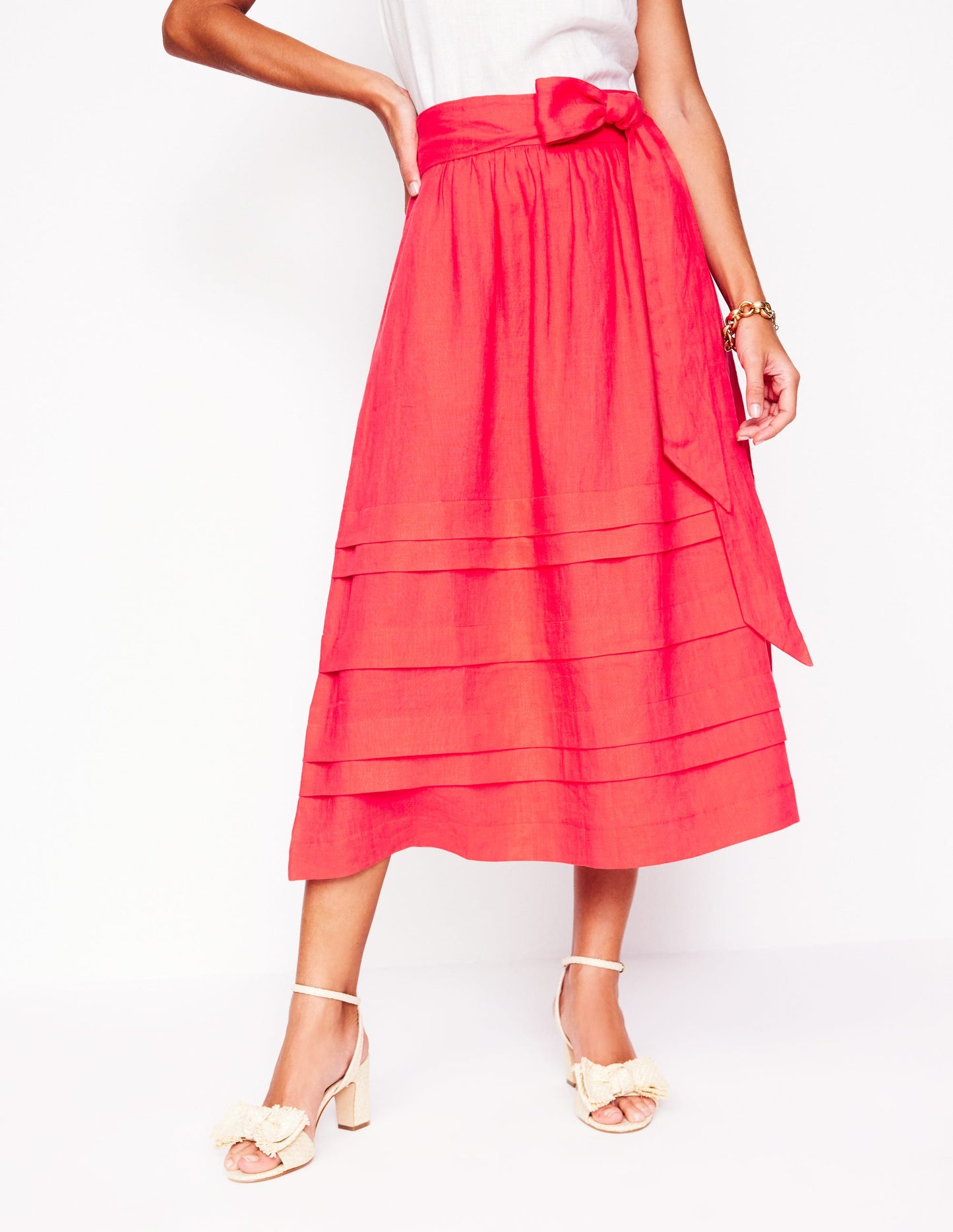 Pintuck Linen Midi Skirt-Strawberry Tart Red