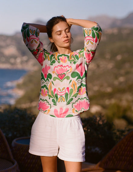 Smocked Double Cloth Shorts-White