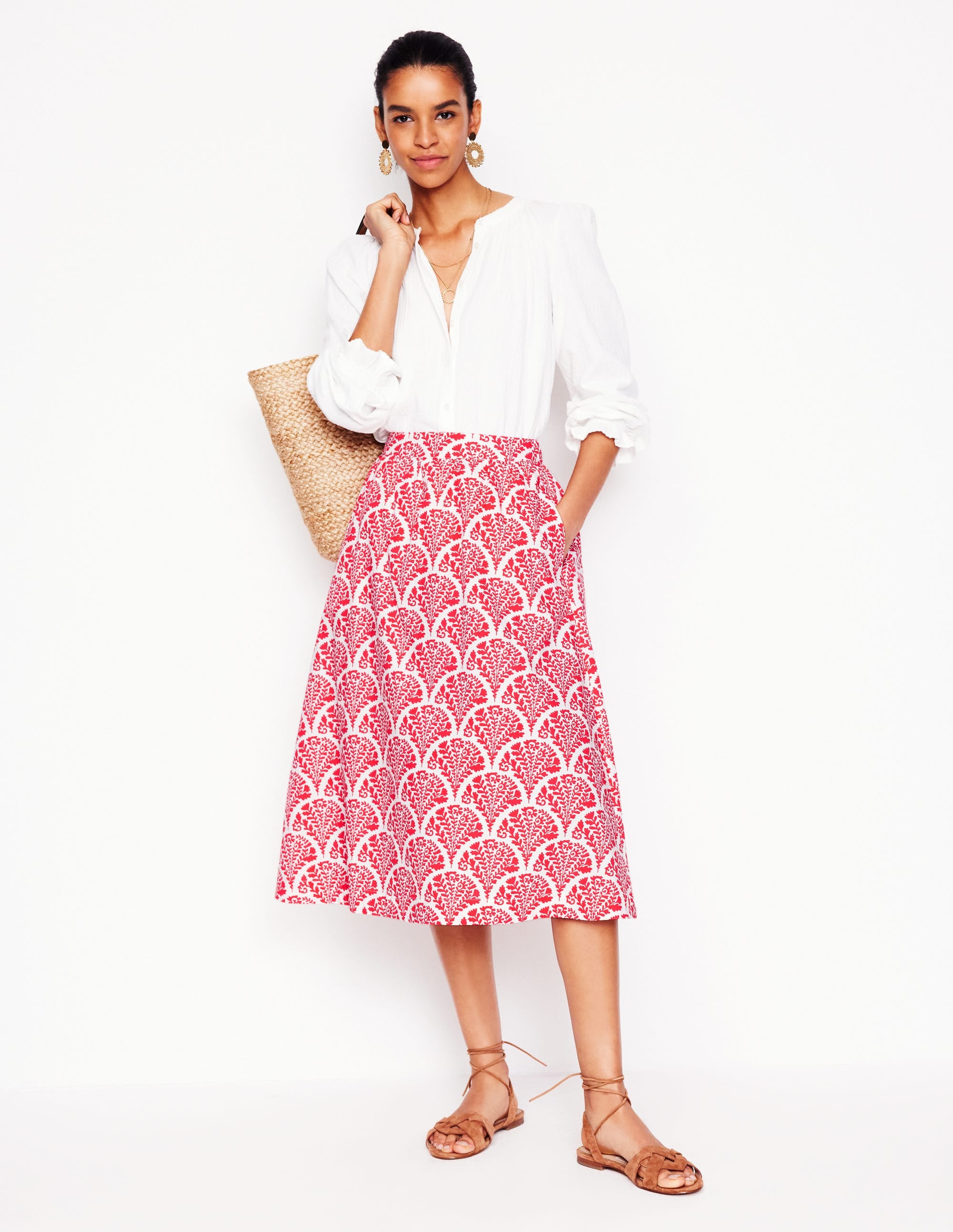Jupe midi Hattie en popeline-Rouge confiture, motif Blossomy - Image 1