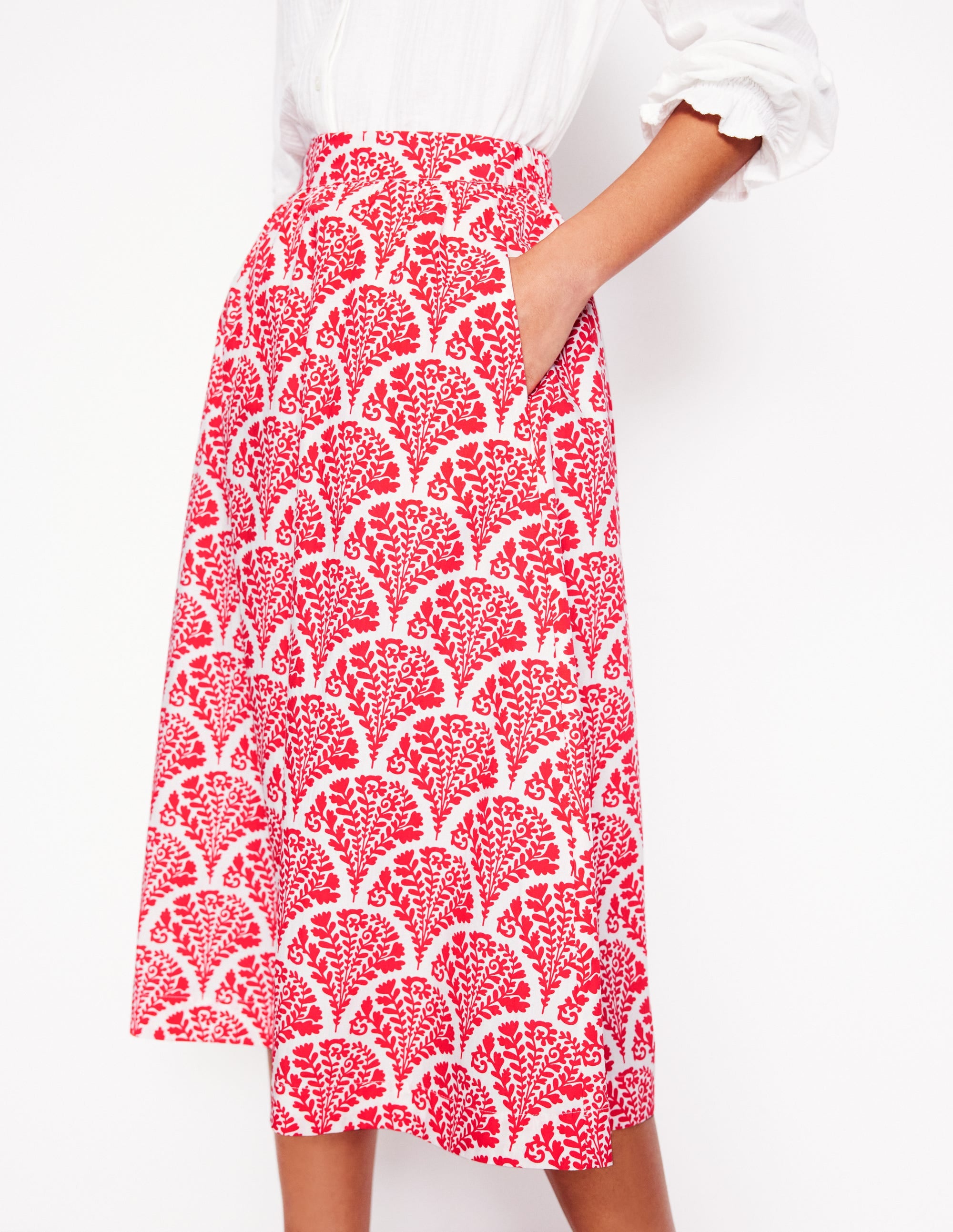 Jupe midi Hattie en popeline-Rouge confiture, motif Blossomy - Image 2