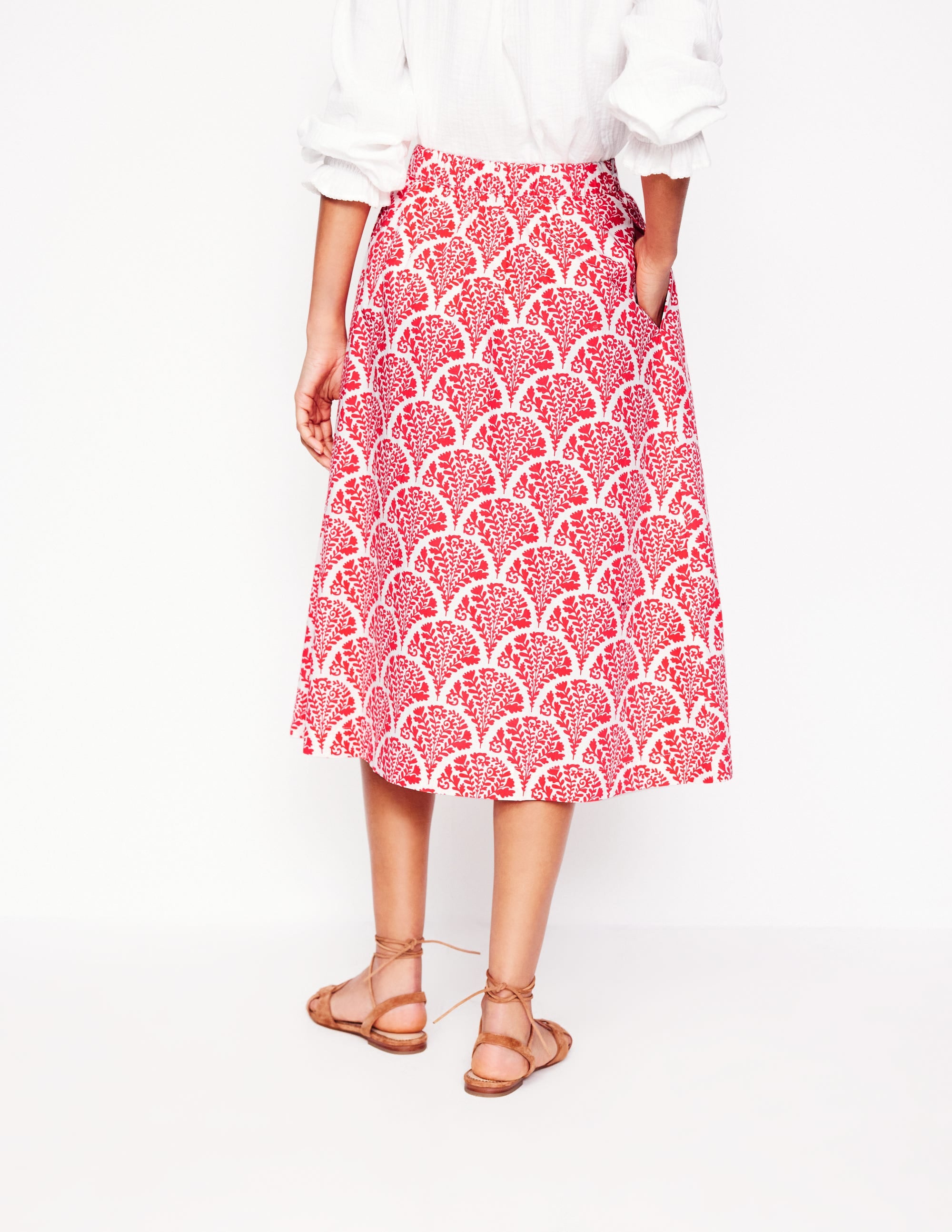 Jupe midi Hattie en popeline-Rouge confiture, motif Blossomy - Image 3