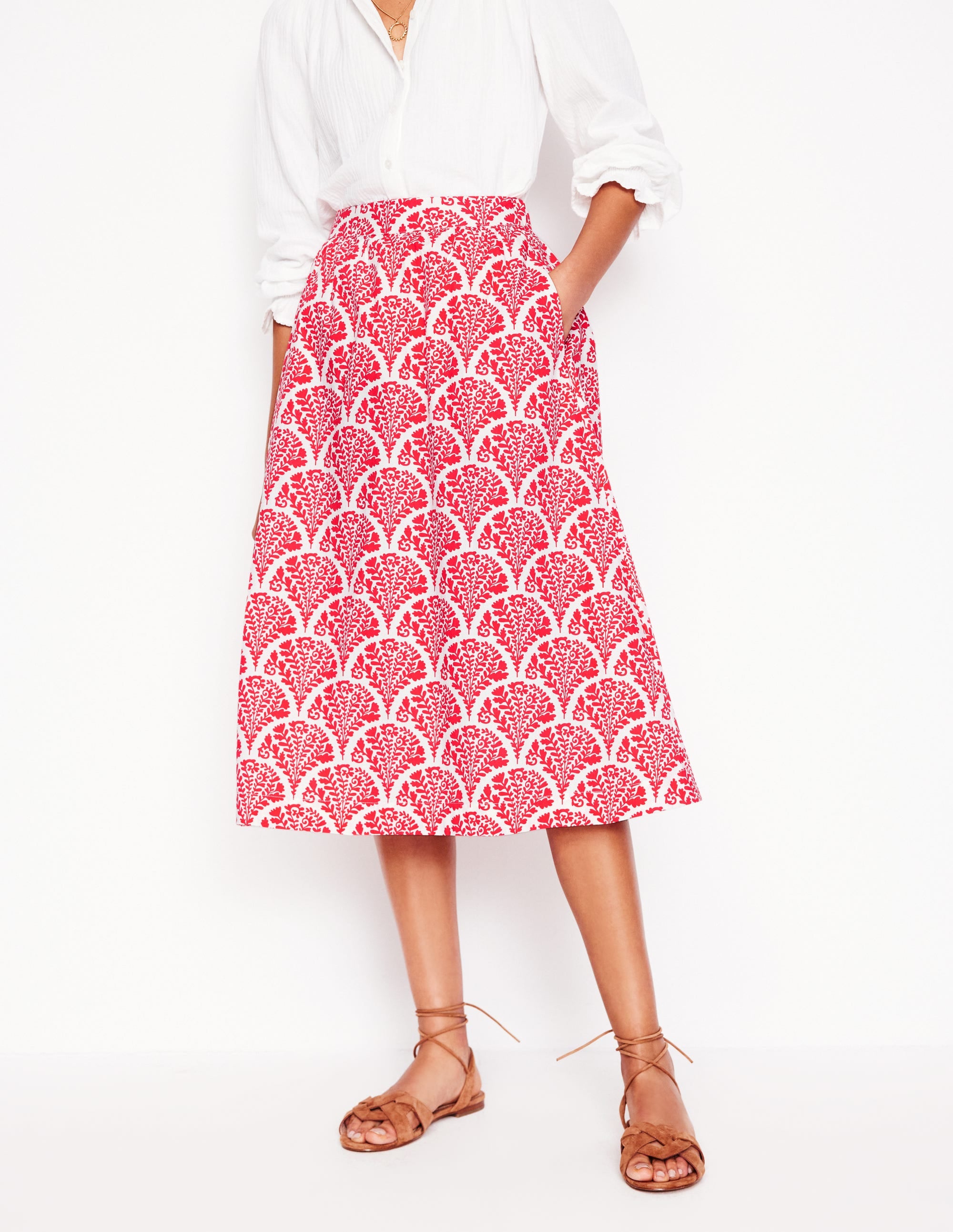 Jupe midi Hattie en popeline-Rouge confiture, motif Blossomy - Image 4