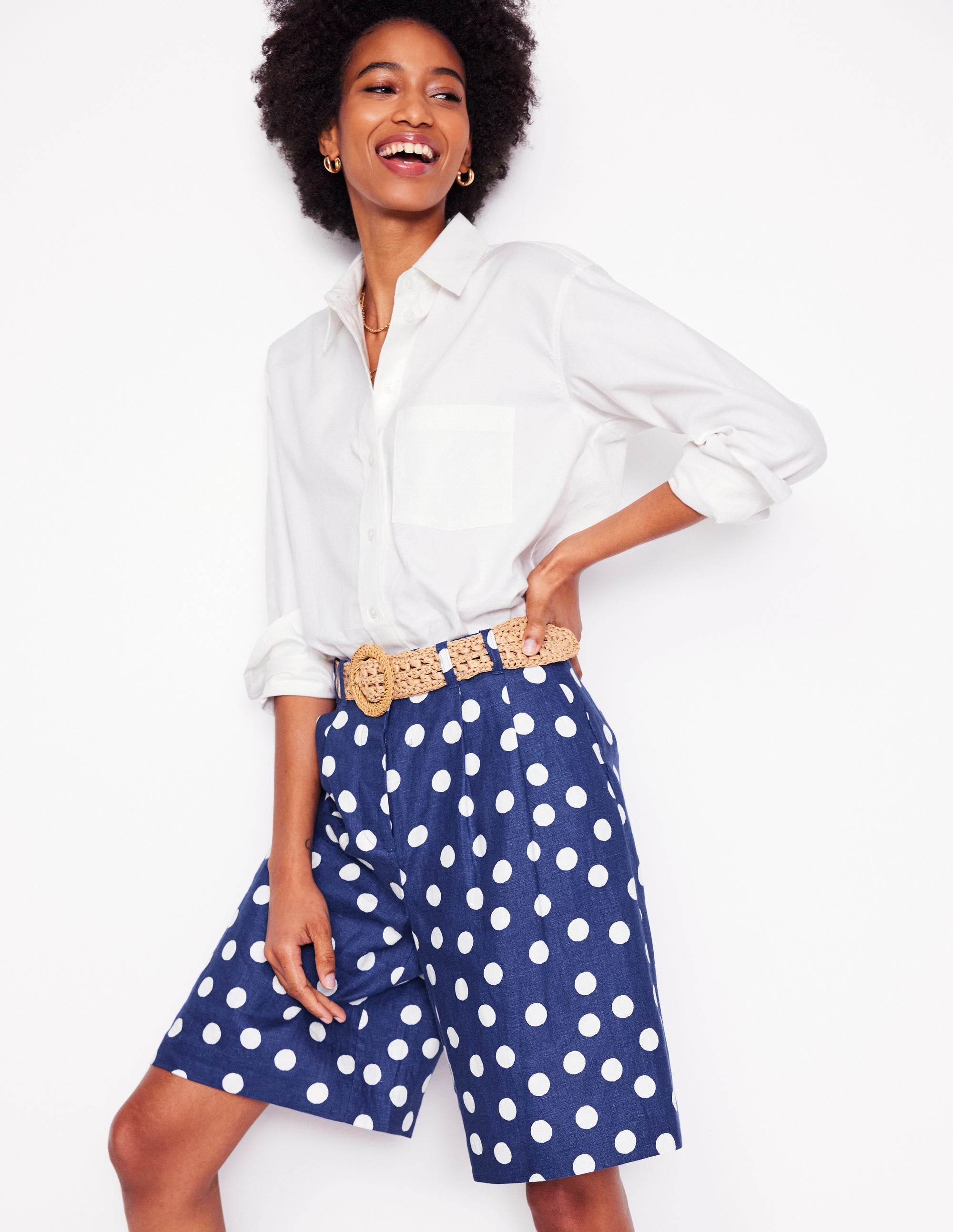 Short large plissé en lin-Pois peints bleu marine - Image 1