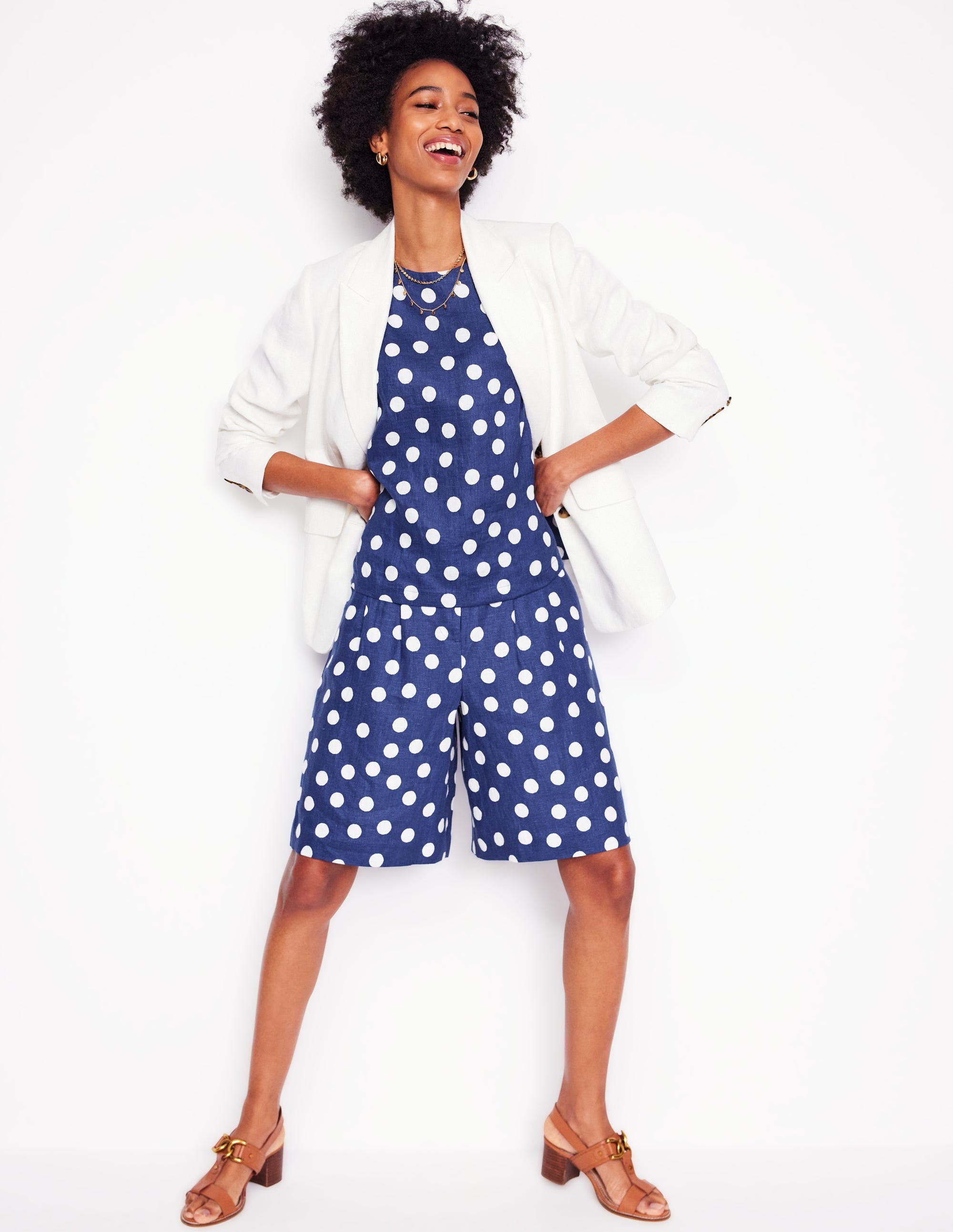 Short large plissé en lin-Pois peints bleu marine - Image 8