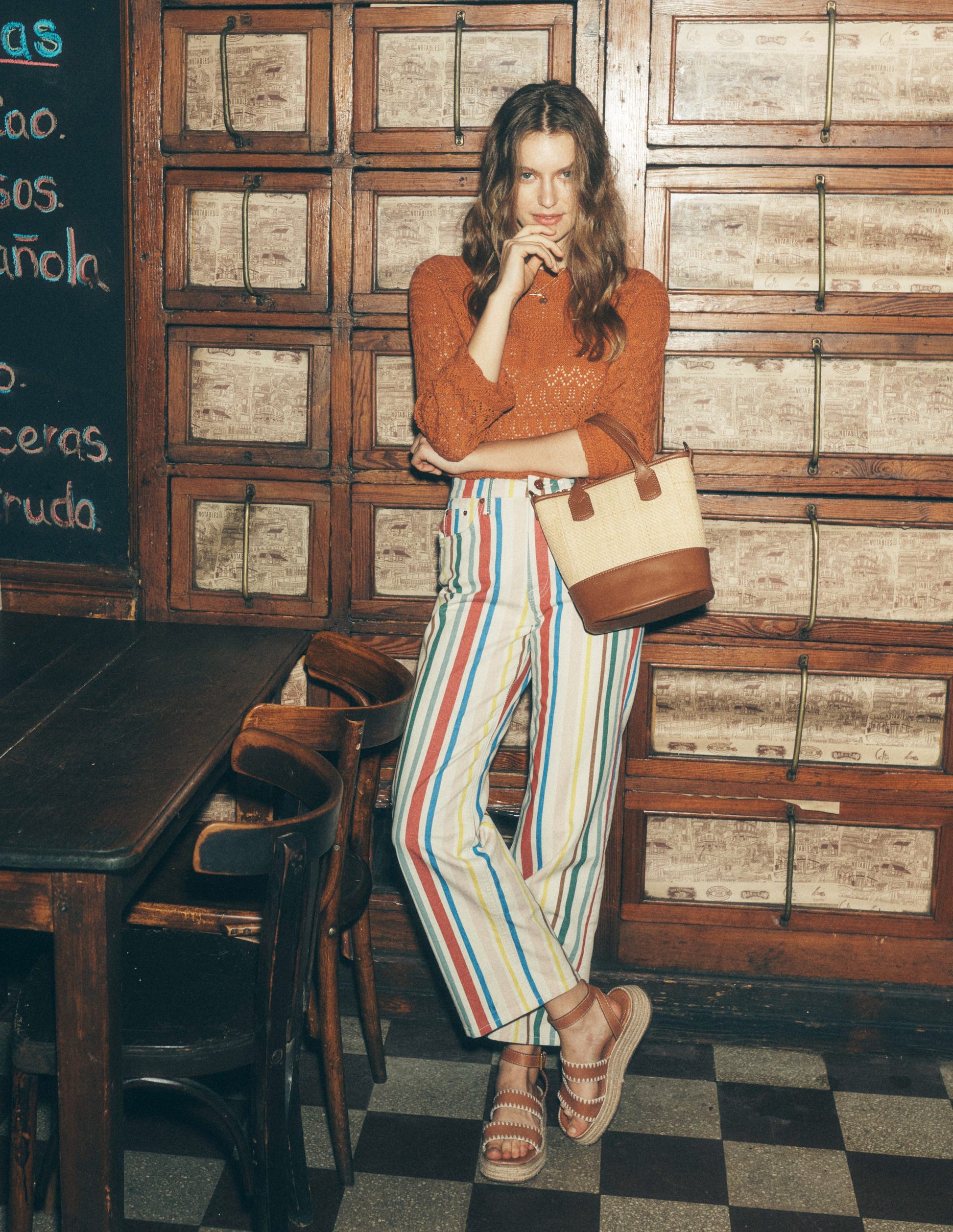 Verkürzte Jeans mit hohem Bund und Streifen-Grün und Rosa Regenbogen Streifen-6
