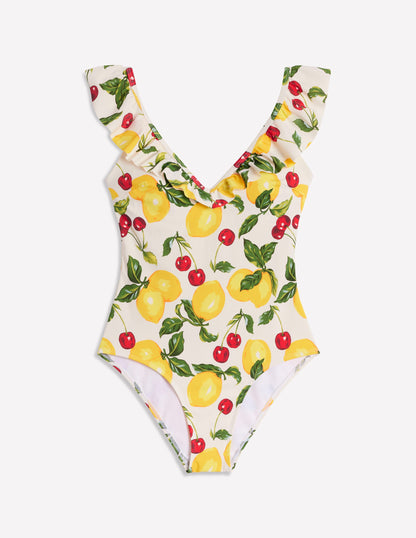 Maillot de bain Evia à volants-Ivoire, cerises et citrons