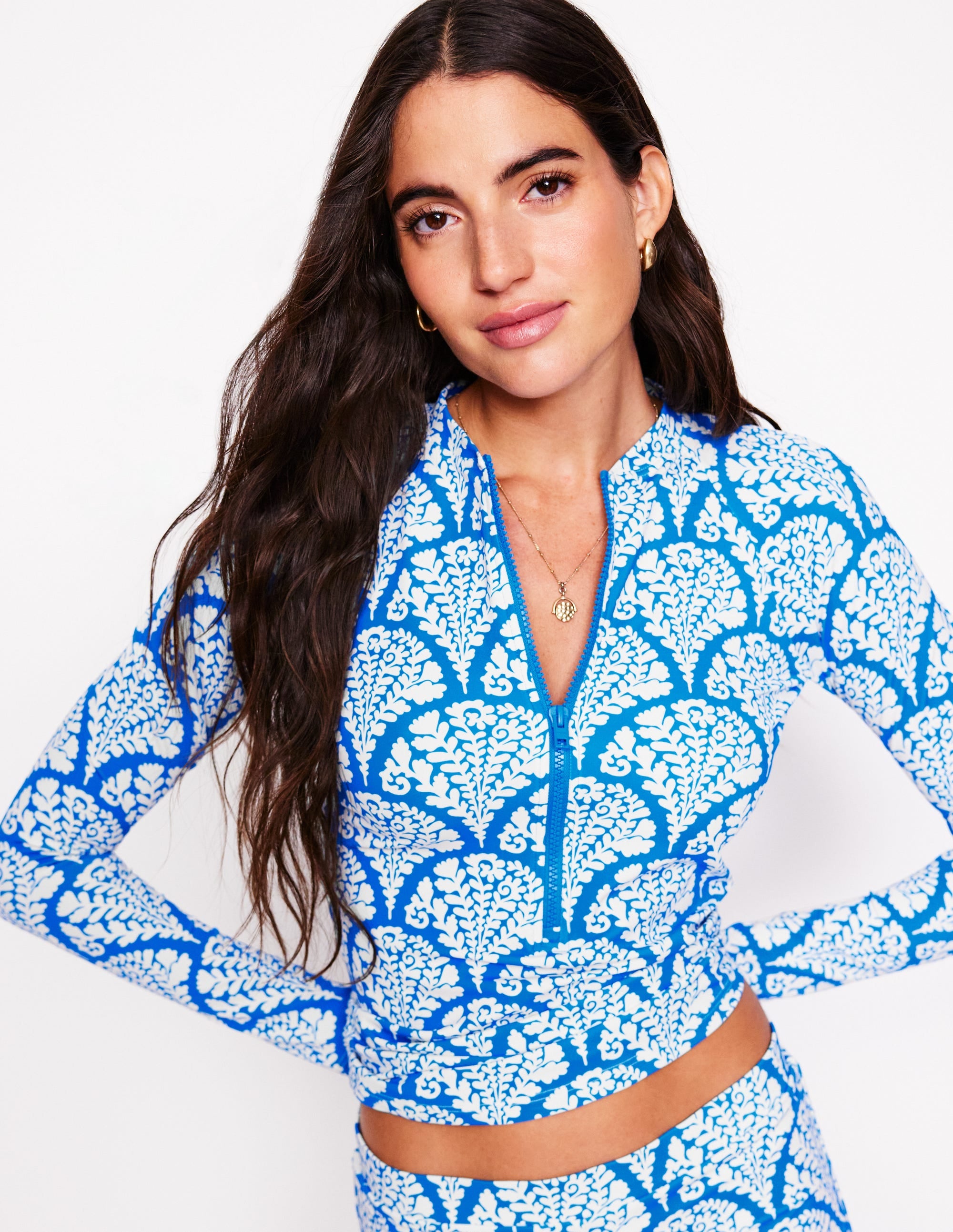 Long Sleeve Rash Guard Top-Bright Blue, Blossomy - Image 1