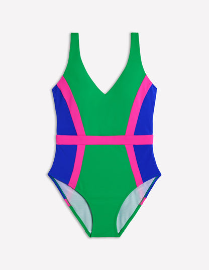 Syros V Neck Swimsuit-Green Colourblock