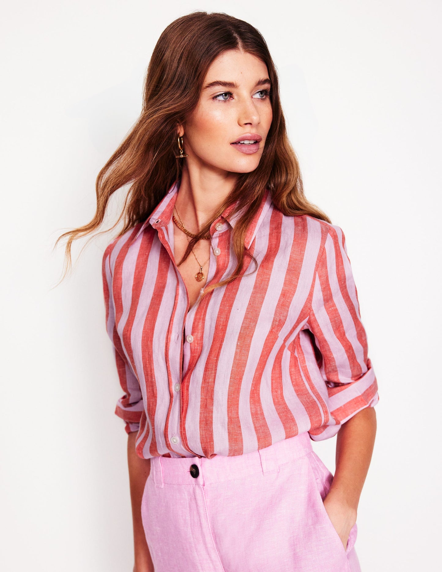 Sienna Leinenhemd-Knallrot und Rosa Streifen