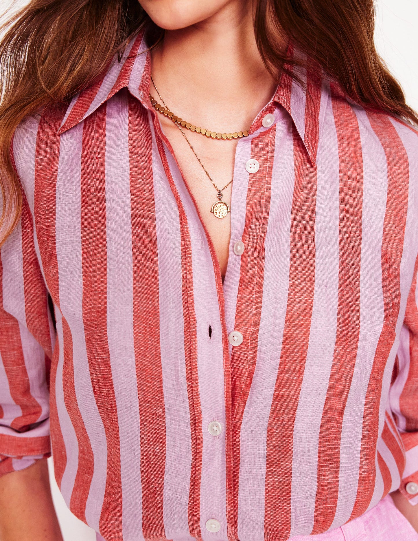 Sienna Leinenhemd-Knallrot und Rosa Streifen