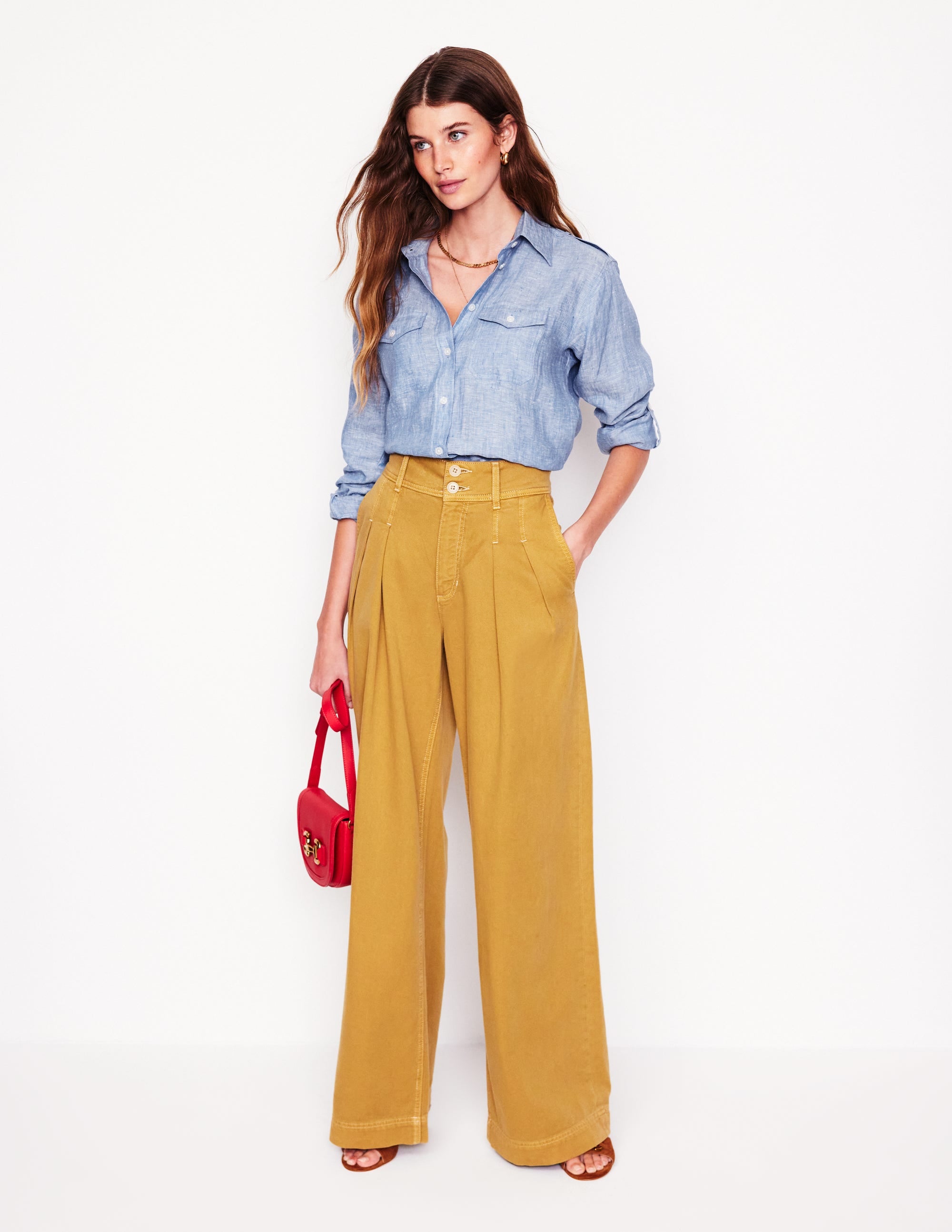 Chemise de safari longue en lin-Bleu chambray - Image 1