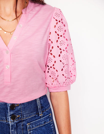 Eden Puff Sleeve Henley Top-Soft Pink