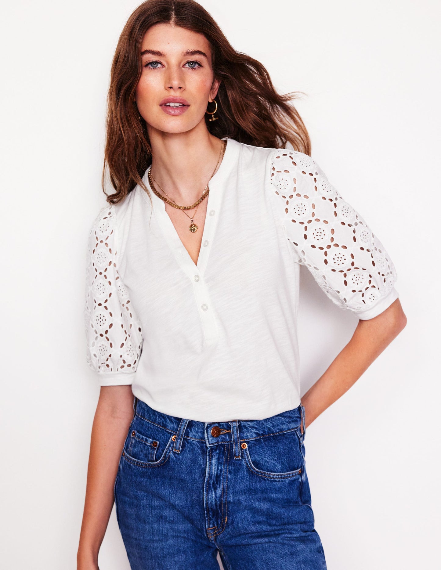 Eden Puff Sleeve Henley Top-White