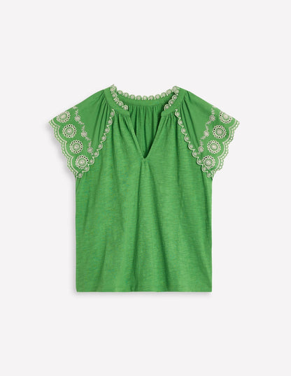 Top Ila à col cranté & manches en broderie anglaise-Vert paradis