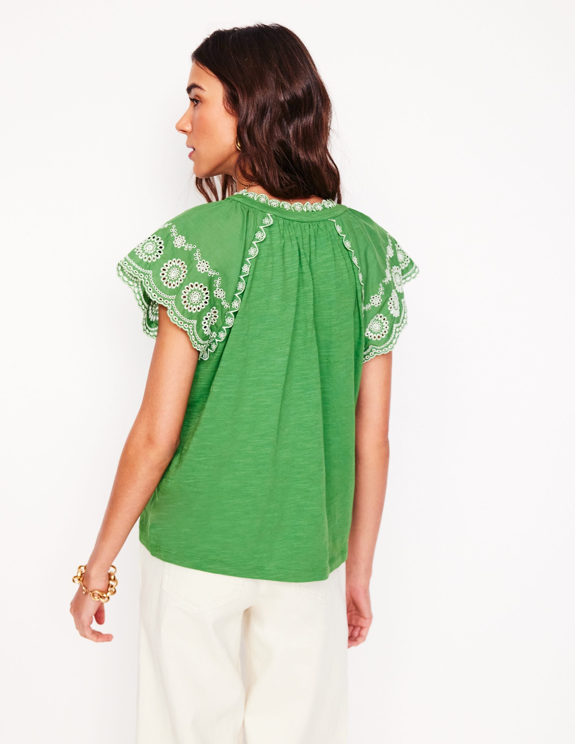 Top Ila à col cranté & manches en broderie anglaise-Vert paradis - Image 3