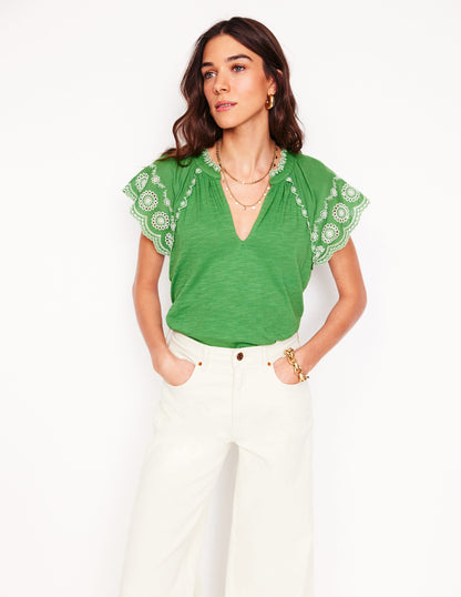 Ila Broderie Sleeve Notch Top-Paradise Green