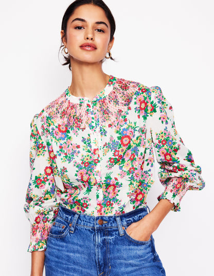 Effie Gesmokte Bluse-Bunt, Bouquet-Cluster