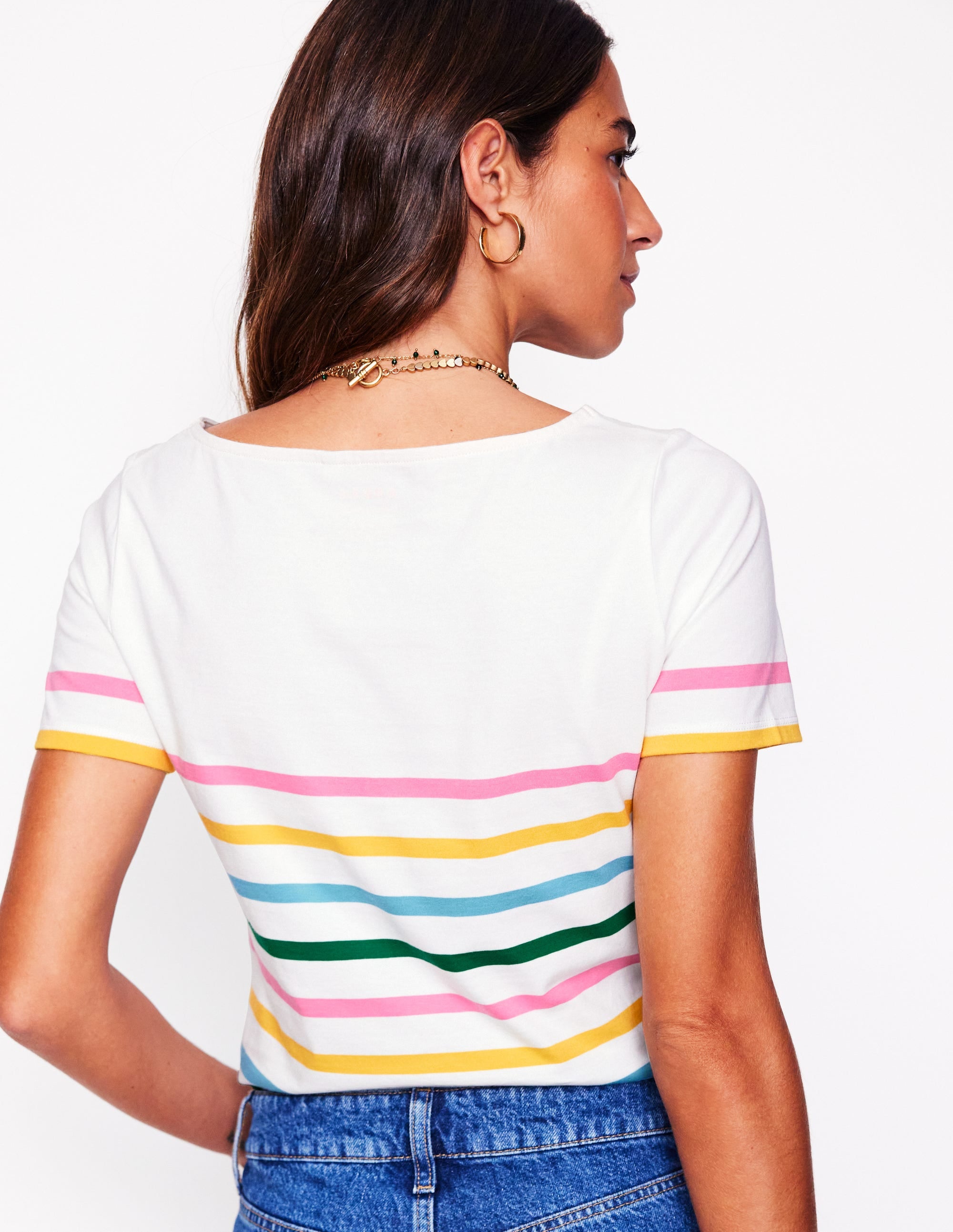 Ella Bretonshirt mit kurzen Ärmeln-Rosa, Gelb Platzierte Streifen - Image 3