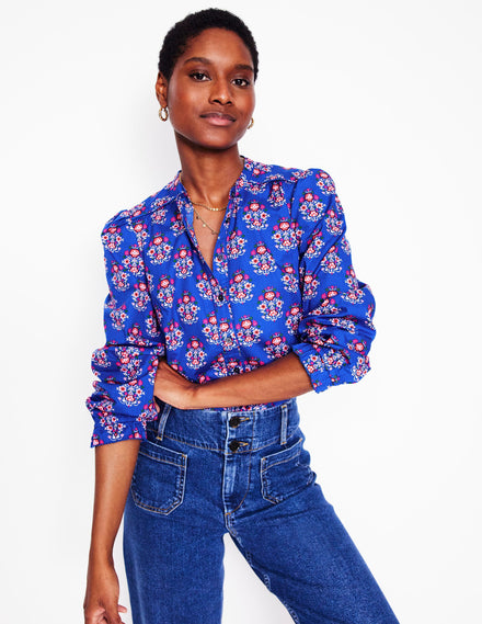 Arabella Cotton Blouse-Bright Blue, Wildflower Stamp