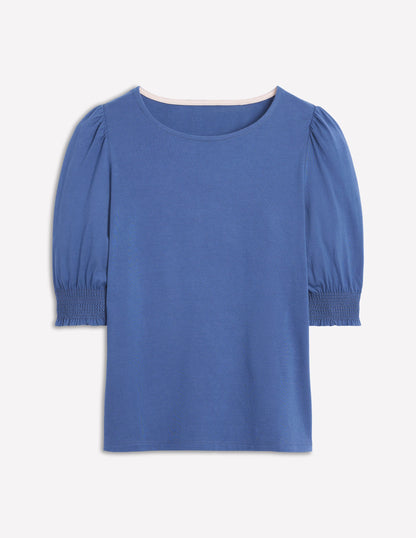 Kurzärmeliges Oberteil mit gesmokten Bündchen-Denim-Blau-5