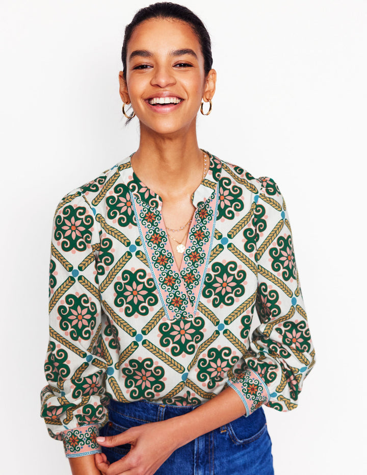 Oberteil aus Baumwolle mit gekerbtem Ausschnitt-Naturweiß, Barockfliese