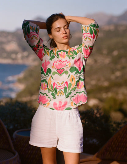 Fluted Sleeve Linen Top-Multi, Freesia Stamp