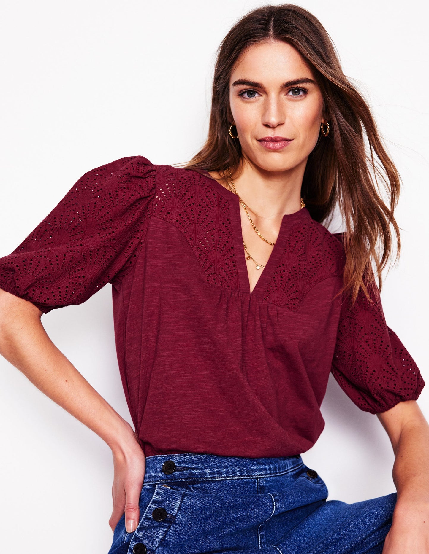 Top Dolly à broderie anglaise-Rouge grenat