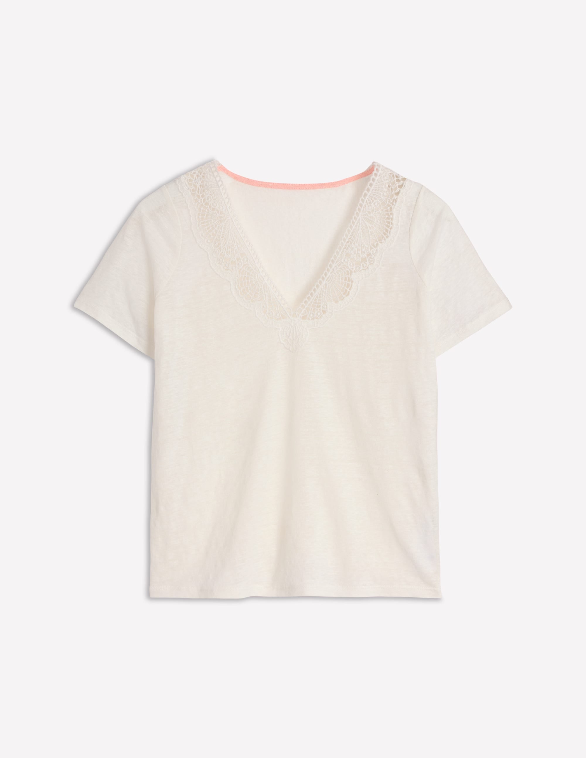 T-shirt en lin avec détails en dentelle-Ivoire et Bleu Marine à Pois - Image 7