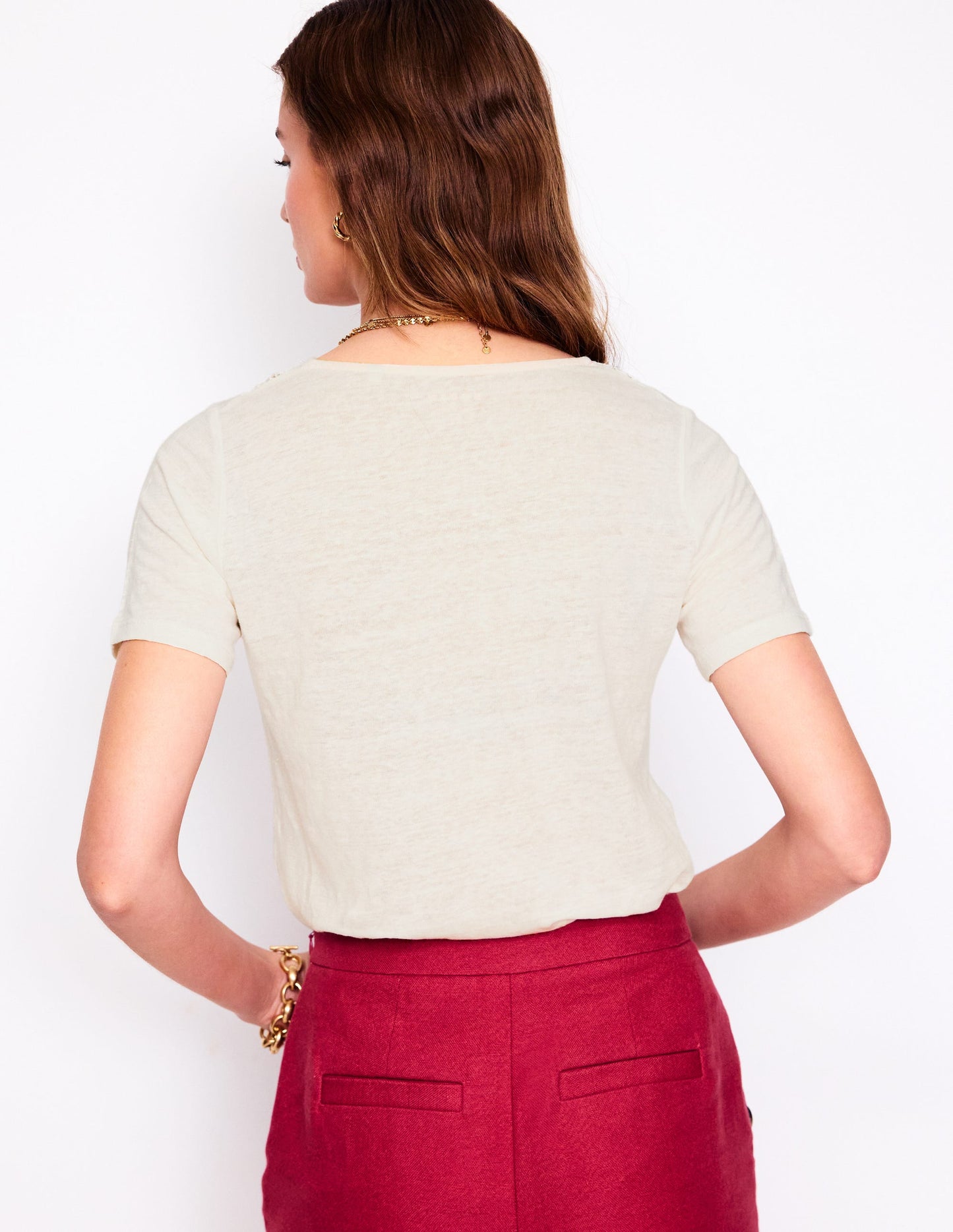 T-shirt en lin avec détails en dentelle-Ivoire et Bleu Marine à Pois