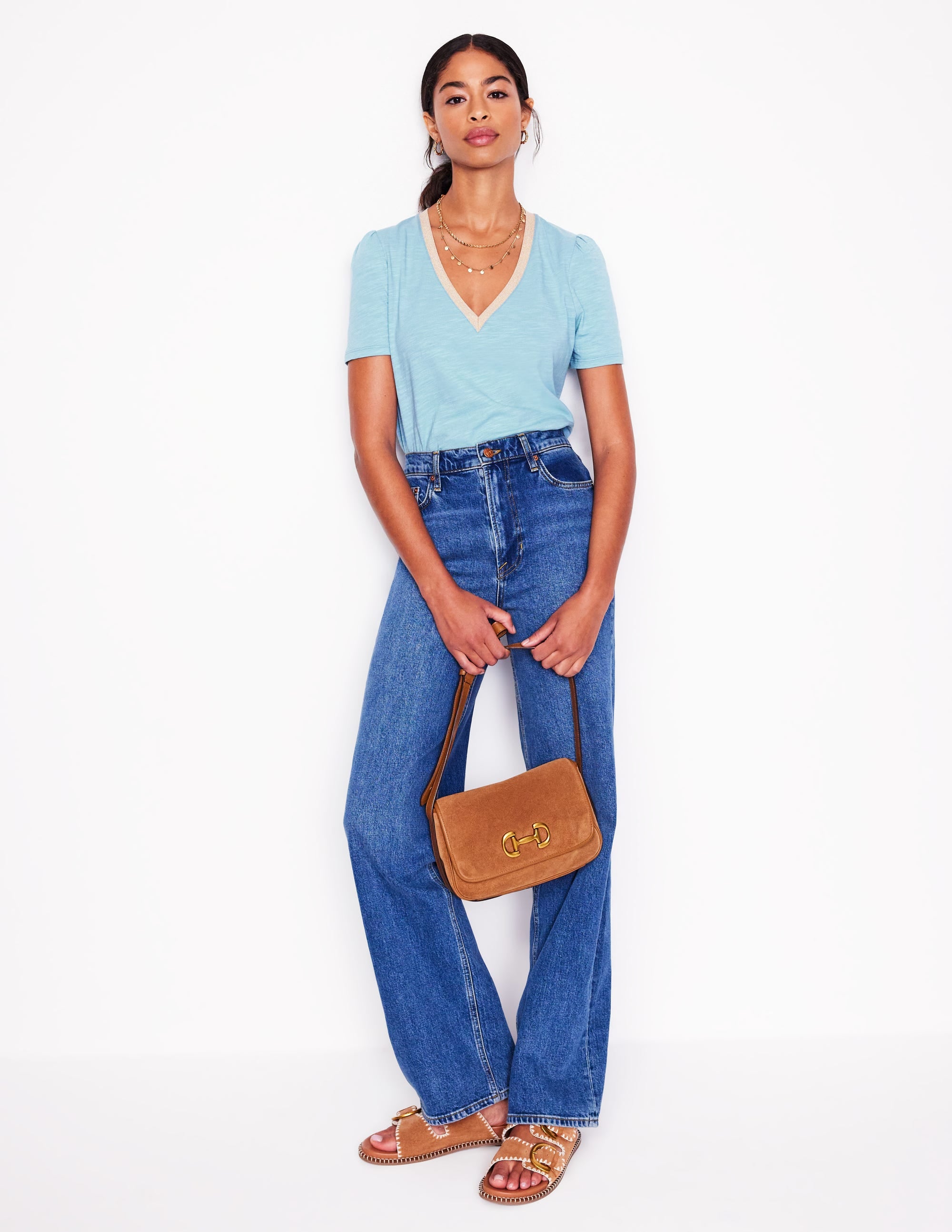 T-Shirt mit Metallic-V-Ausschnitt-Blau - Image 3